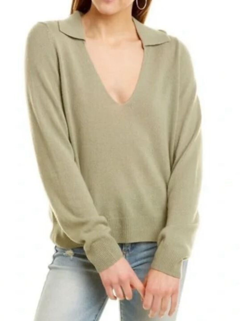 525 America 100% Cashmere Fern Sage Green V Neck Polo Pullover Sweater Small